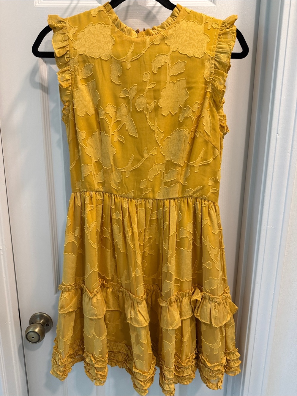 Lulu’s True as can Be Mustard Yellow Ruffle Floral Burnout Dress